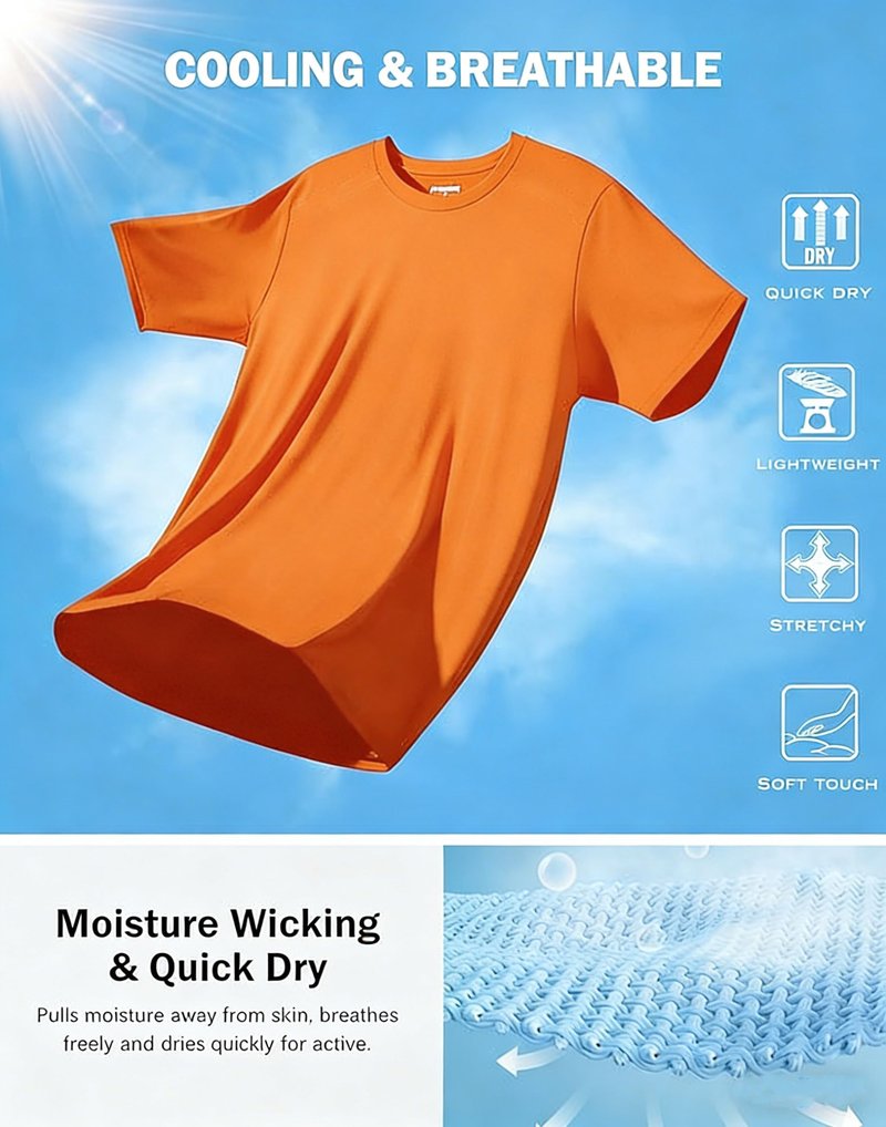 KINGFEN Men's Short Sleeve Cool Comfort UV Protection Shirt Quick Dry Moisture Wicking Soft Crew Neck Sports T-Shirt for Running Orange XXL