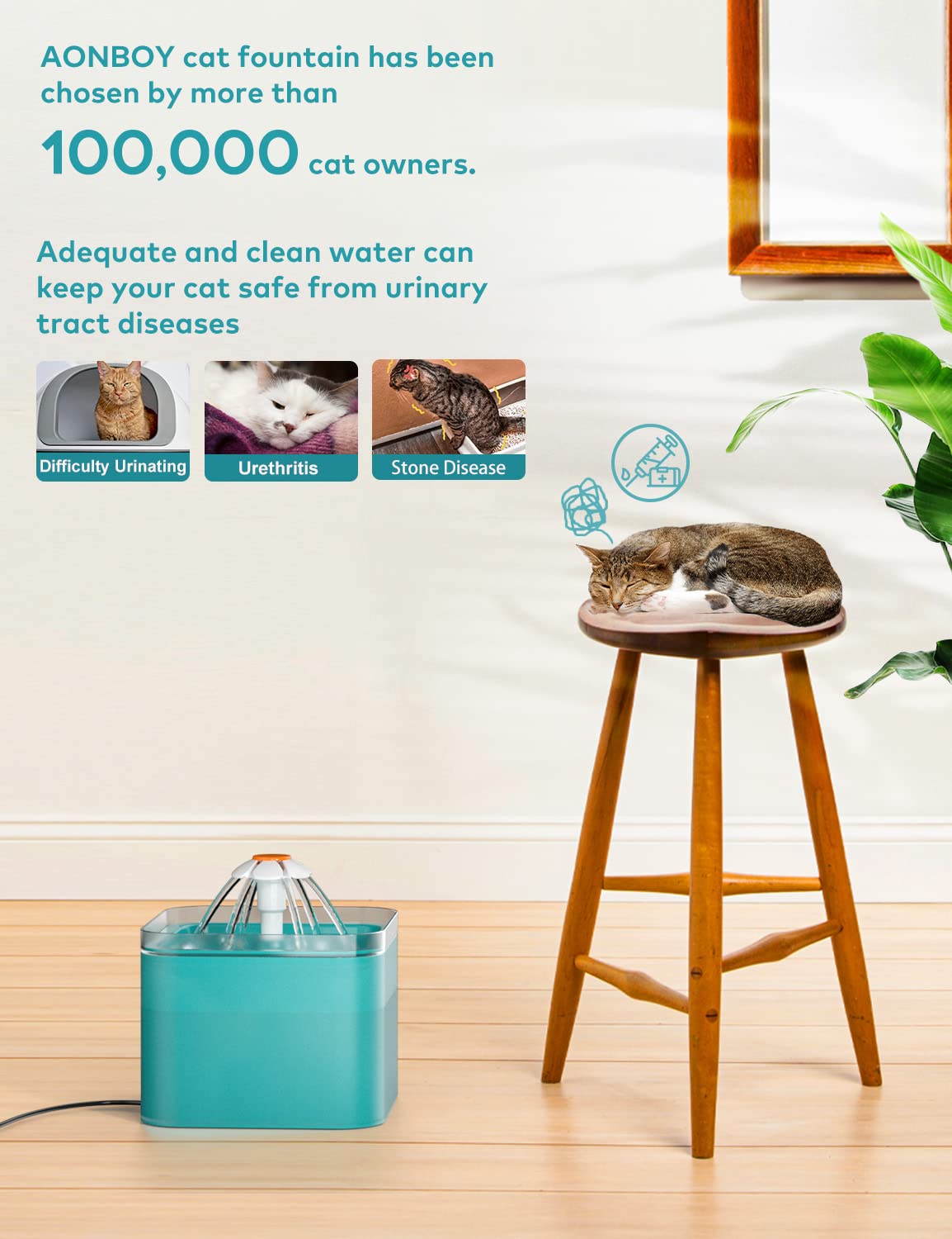 Cat Water Fountain: Cat Fountain - Water Fountains for Cats Indoor - 67oz/2L Cat Fountains for Drinking - Pet Water Fountain - Ultra Silent - Cat Drinking Fountain for Small Dogs - AONBOY