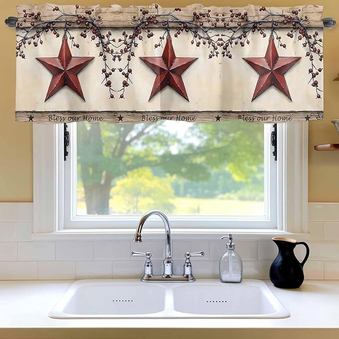 Farmhouse American Valances for Windows, Country Star Berries Vintage Wood