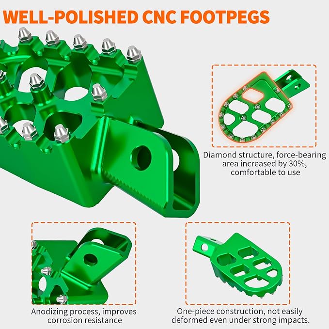 Nilight Motorcycle Foot Pegs Dirt Bike Footpegs Fit for Kawasaki KLX110 2002-2023 KLX110L 2010-2023 KX60 1998-2003 CNC Foot Pegs for Motorcycles Heavy Duty Aluminum Alloy Foot Rests, Green