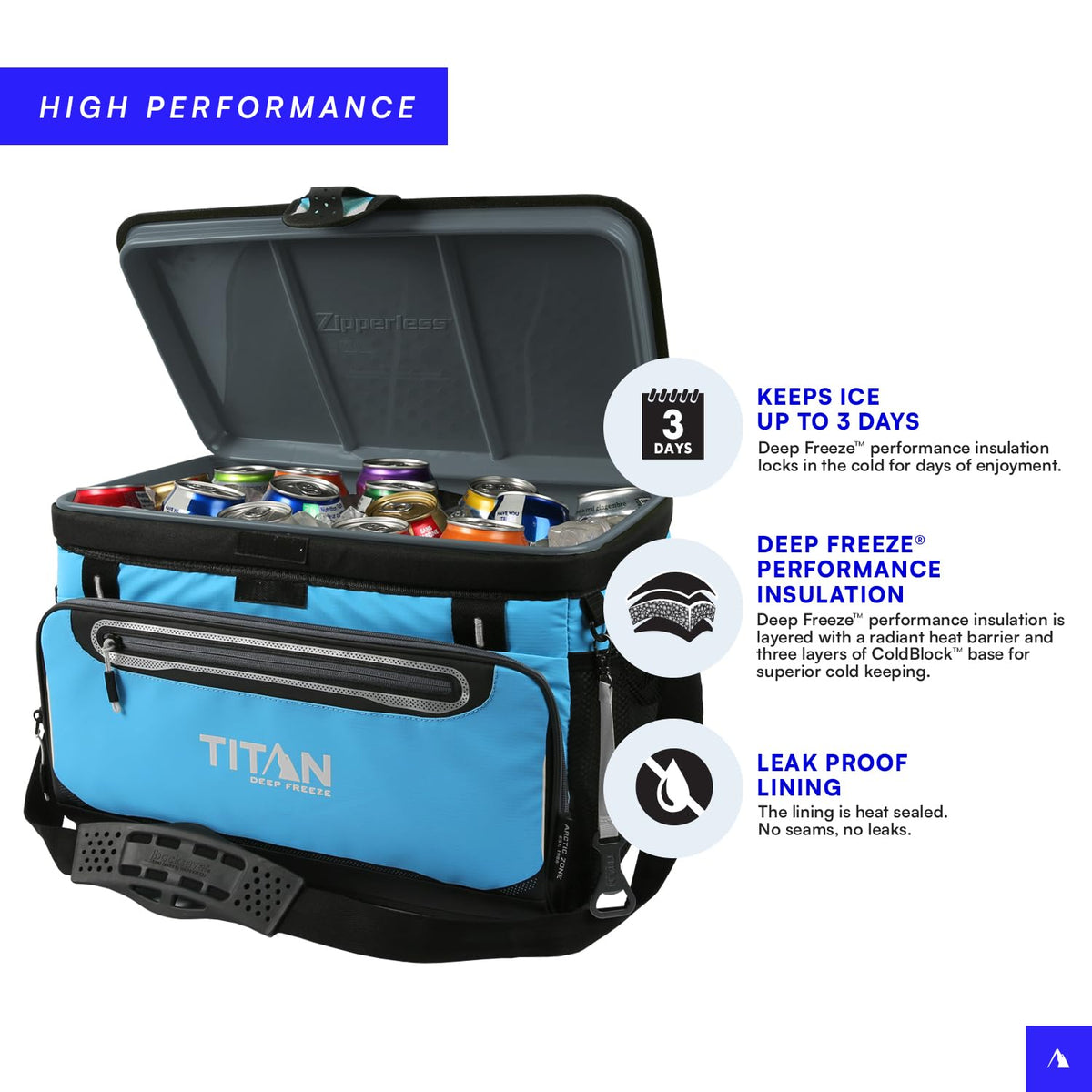 Titan by Arctic Zone Deep Freeze Cooler - 48 Can Zipperless Hardbody Cooler with Deep Freeze Insulation, HardBody Liner, and SmartShelf - Process Blue