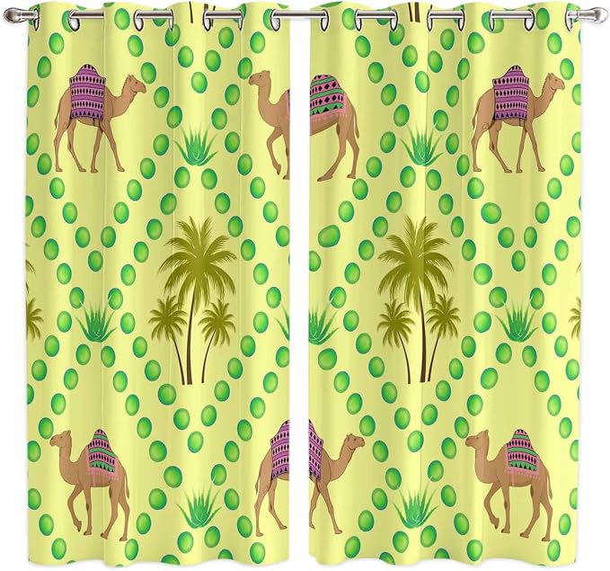 2 Panel Kitchen Cafe Curtains, Desert Sand Camels Sunlight Filtering Nature Air
