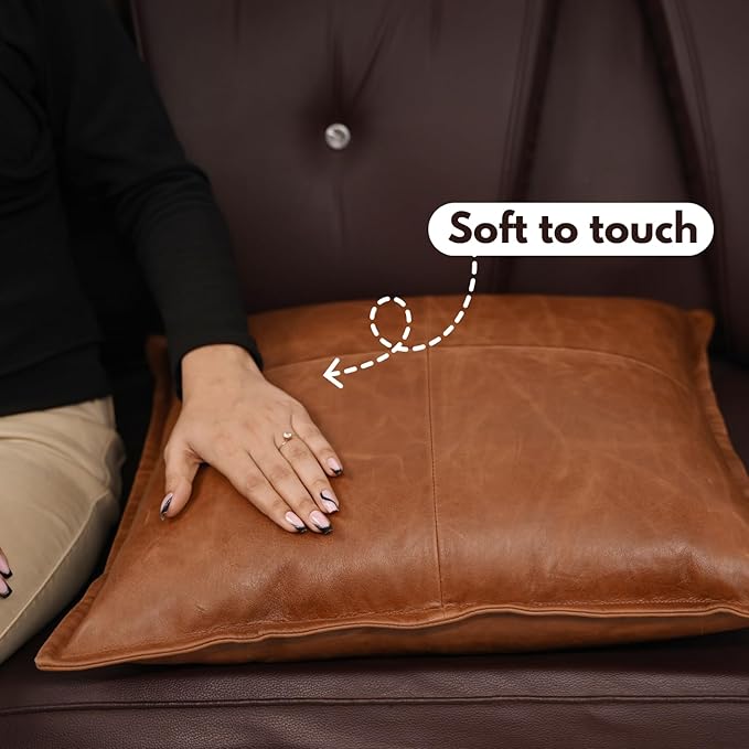 D DOLLY LAMB Lambskin Leather Pillow Cover - Sofa Cushion Case - Decorative Throw Covers for Living Room & Bedroom, 14x14 Inches - Tan Orange Box Pack of 1