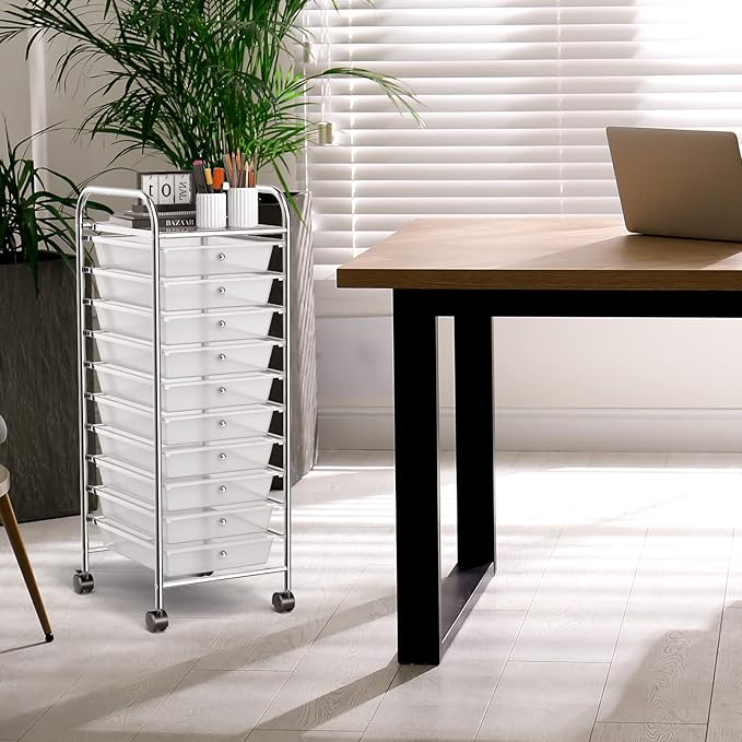 COSTWAY 10-Drawer Rolling Storage Cart, Utility Mobile Trolley with Removable Drawers & Universal Casters & 2 Brakes, Versatile Flexible Drawer Organizer Cart for Home, Office (Clear)