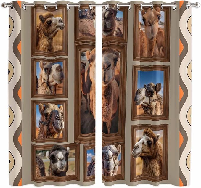 2 Panel Kitchen Cafe Curtains, Desert Camels Sunlight Filtering Nature Air