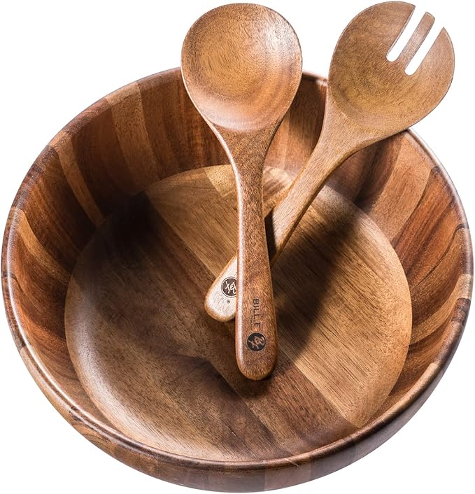 BILL.F Wooden Salad Bowl, 12'' Acacia Wood Salad Bowls Set Large Salad Mixing Bowl with Servers-3-Piece Big Salad Bowl Set