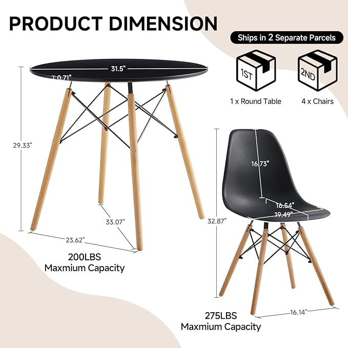 Round Dining Table Set for 4 31.5" Wood Dinner Table Circle Dining Table Kitchen Table Chairs Set of 4 with Wood Strip Base for Kitchen Living Room Space Saving Apartment(Black)