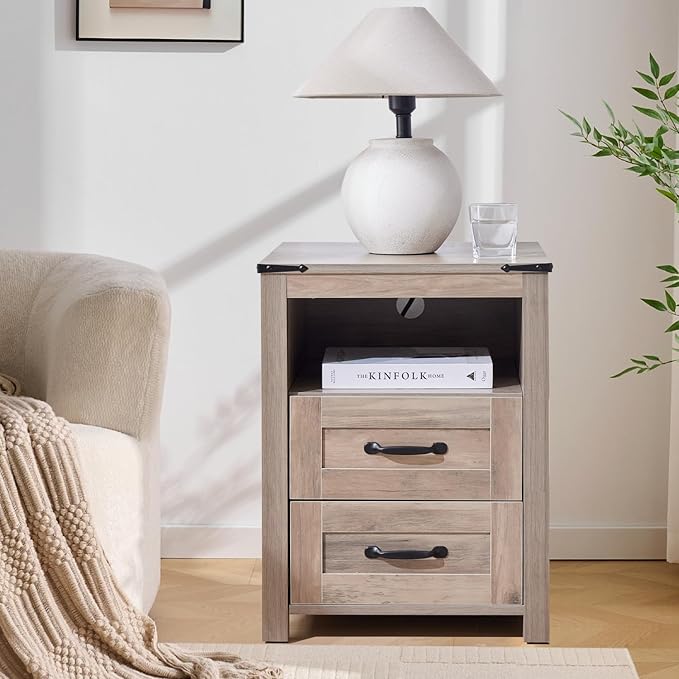 Farmhouse Night Stand, Rustic Sierra Nightstand for Bedroom, End Tables with Charging Station, Bedside Table with Drawers, Wood Bedside Cabinet Dresser