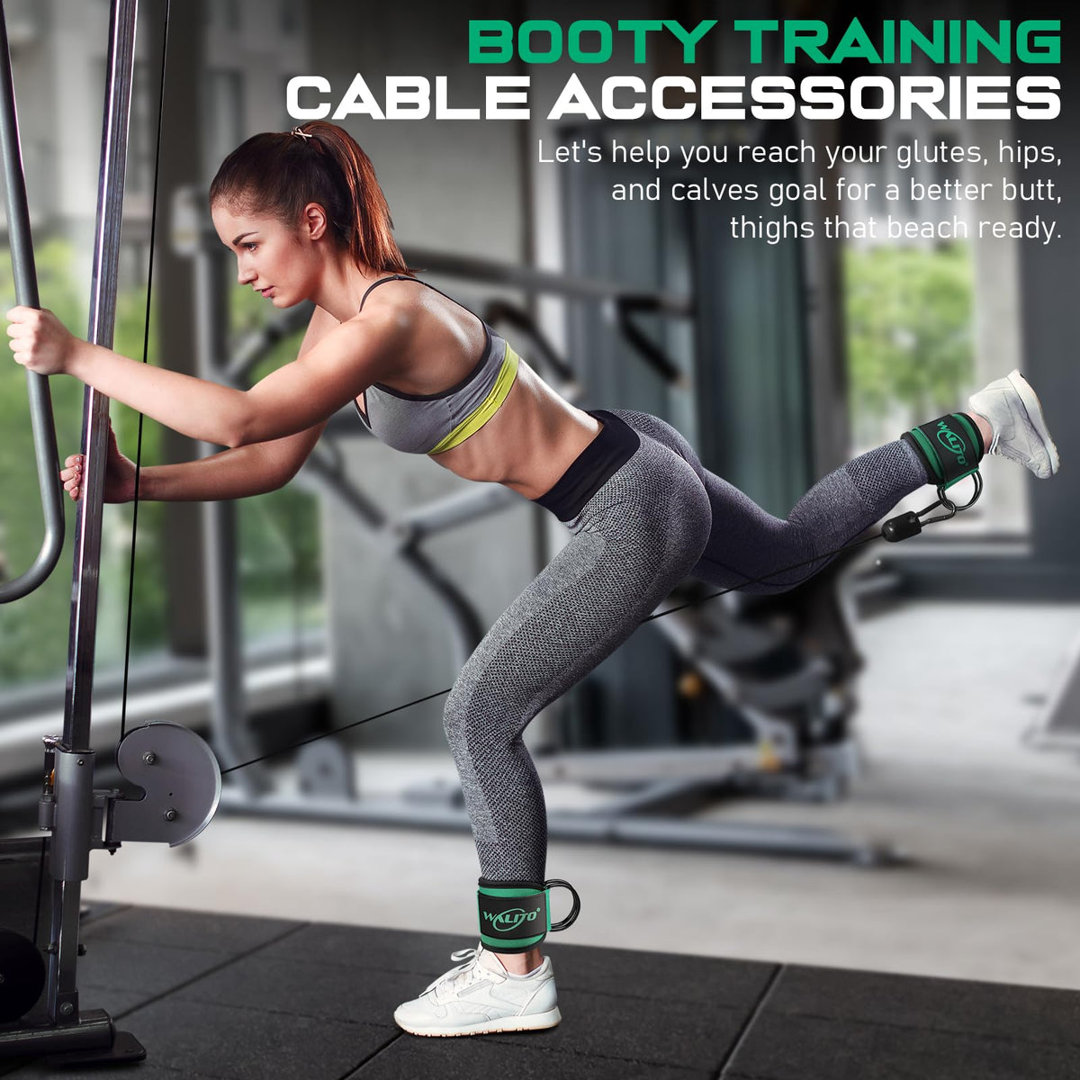 WALITO Gym Ankle Straps for Cable Machines Women & Men - Glute Kickback Ankle Cuff, Adjustable Cable Machine Accessories for Leg Extensions, Hip Abductors & Lower Body Workouts (Pair- Green)