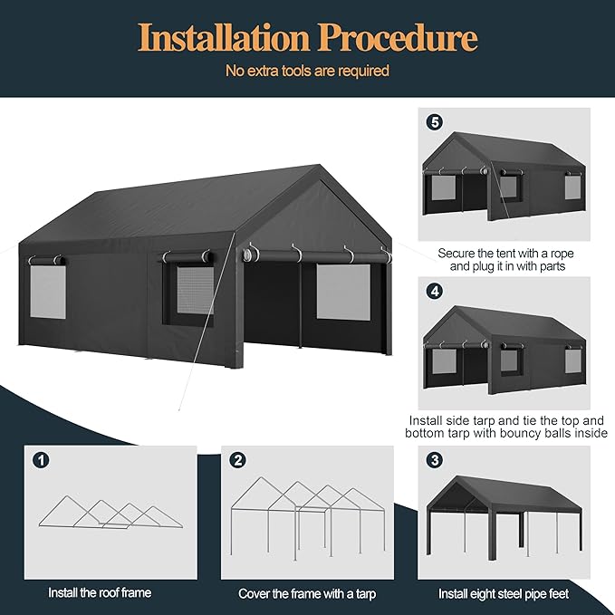 Shintenchi Carport 10' x 20' Heavy Duty Portable Garage, Carport Canopy with Side-Opening Door & Roll-Up Windows, Car Canopy for Truck,Car,Boat,Grey