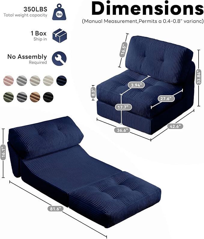 Tbfit Folding Sofa Bed, Convertible Sleeper Chair with Large Pillow, Corduroy Folding Couch Bed, Portable & Foldable Mattress Boneless Floor Sofa for Living Room, Bedroom, Office, Blue, Single