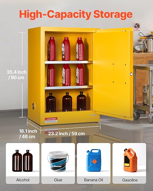 VEVOR Flammable Cabinet 18" x 24" x 65", 13 Gallon Flammable Storage Cabinet with Adjustable Shelf, Cold-Rolled and Galvanized Steel Fire Cabinets, for Commercial Industrial Home Use, Yellow