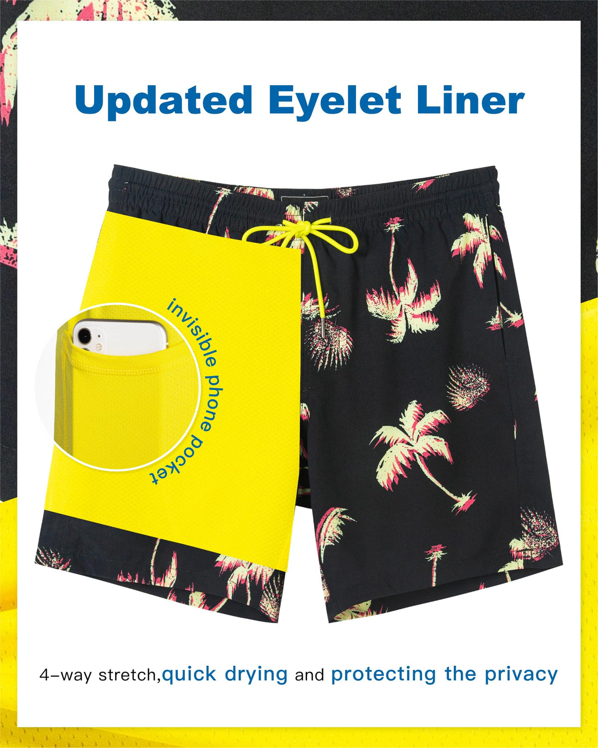 SURF CUZ Mens Swim Trunks with Compression Liner Quick Dry Swim Shorts 7" Swimming Trunks Stretch Bathing Suit 7 Inch,Neon Palms,XL