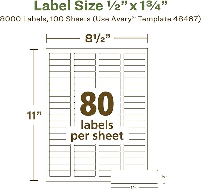Avery EcoFriendly Recycled Return Address Labels, 1/2" x 1-3/4", White, Permanent Label Adhesive, 8,000 Printable Labels (48467)