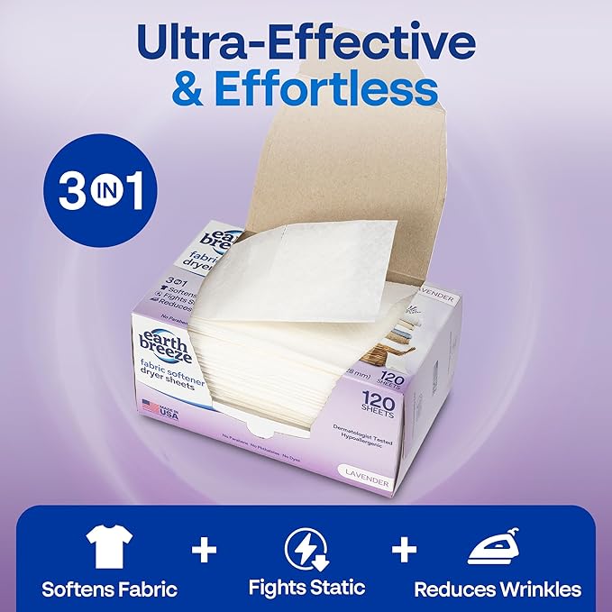 Earth Breeze Fabric Softener Dryer Sheets – Lavender, Hypoallergenic, No Harsh Chemicals, Safe Ingredients – Soft Clothes – Static Cling & Wrinkle Reducer – Gentle Fabric Care – Made in USA (2 Pack)