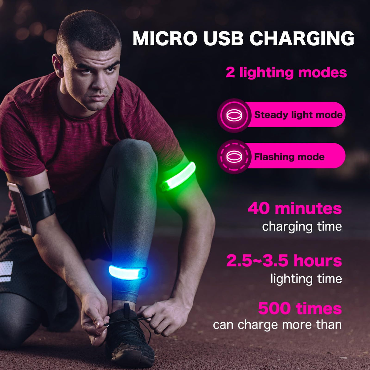 KOSKILL LED Armband Running USB Rechargeable(2 Pack), High Visibility Wristband for Runners, Joggers, Pet Owners, Cyclists, Adjustable Waterproof Reflective Bracelets for Night Running, Walking