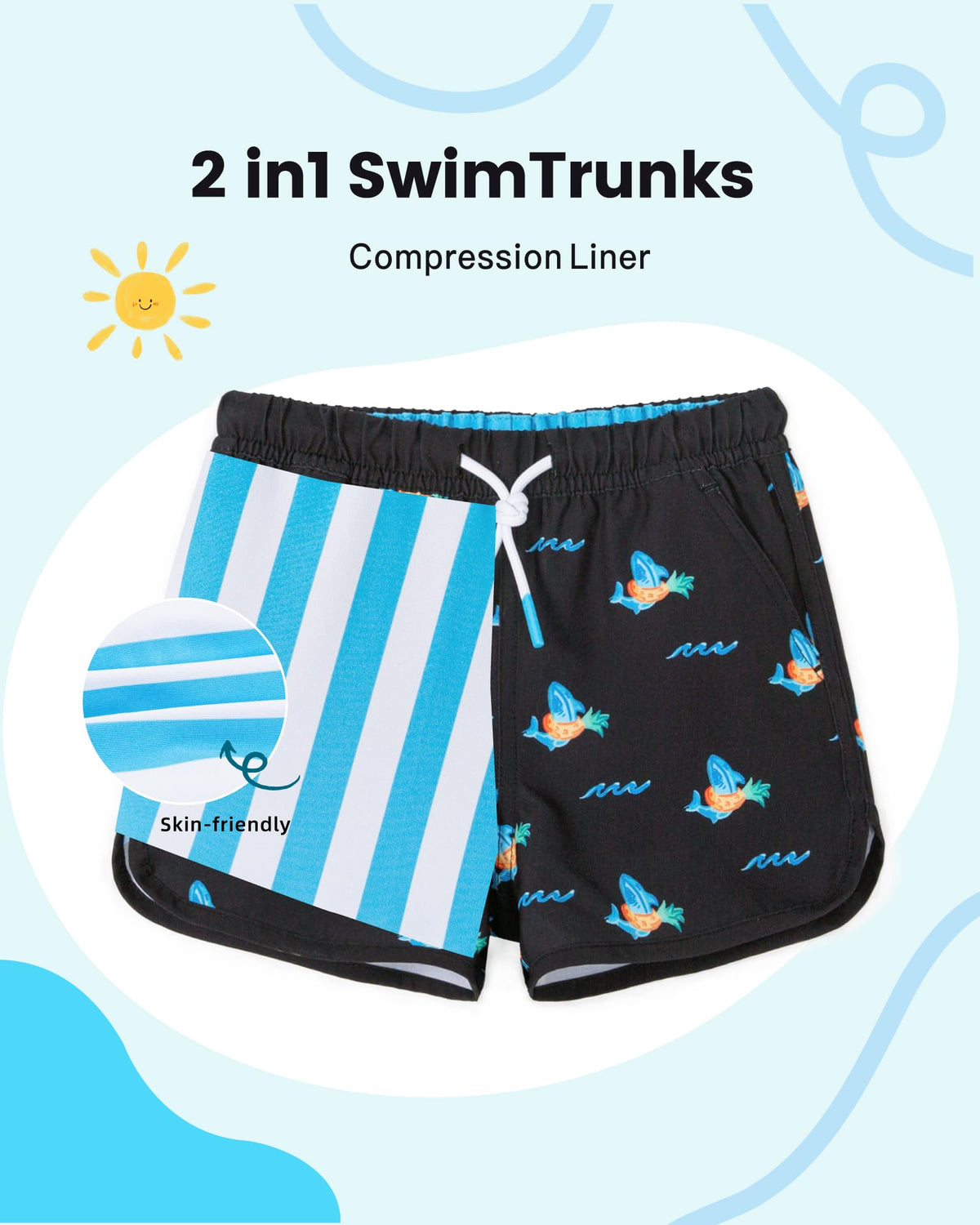 Boys Swim Trunks with Compression Liner Vintage Quick Dry Swim Shorts Bathing Suit Toddler Boys Swimsuit with Pockets