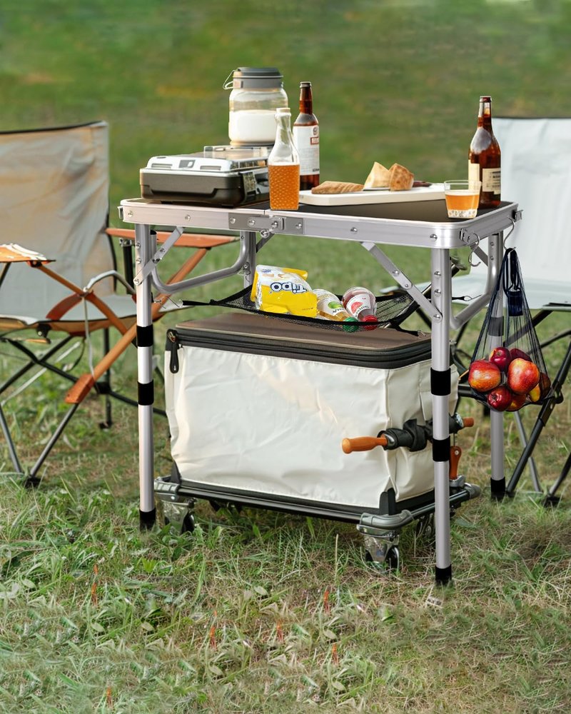 Sportneer Camping Table: Adjustable Height Small Folding Table 23.6" L x 15.7" W 4 Height with Mesh Layer - Compact & Portable Camping Essentials for Outdoor Camp Garden Picnic BBQ Dining Cooking