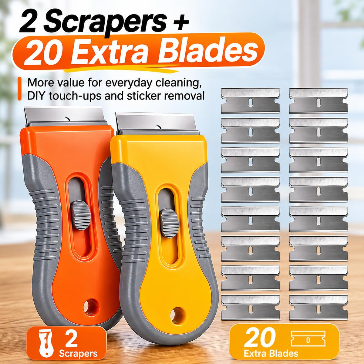 Razor Blade Scraper Set, 2 Safety-Lock Handles + 20 Steel Blades