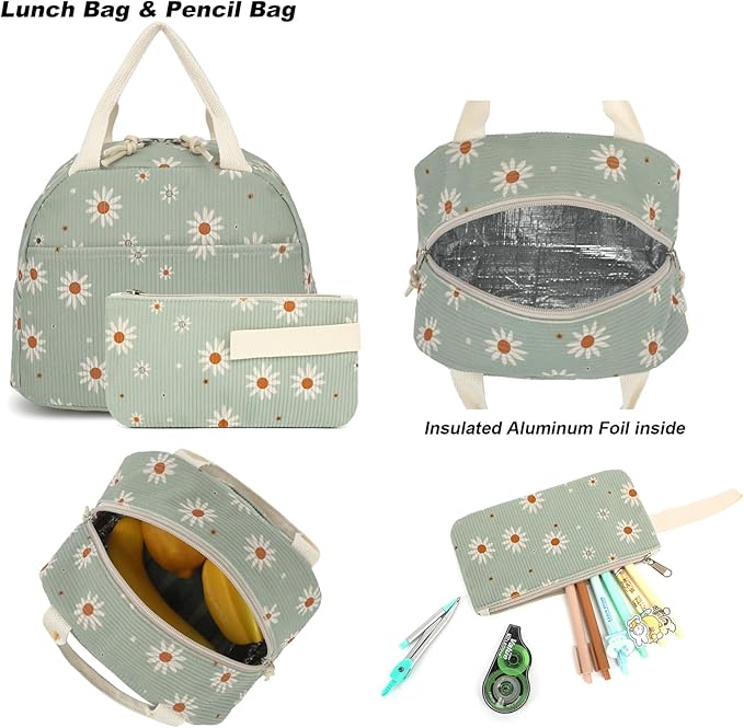 Corduroy Girls Backpack Set, 3PCS School Backpacks for Kids Elementary Middle School Bags with Lunch Box Pencil Case (Green Corduroy Daisy)