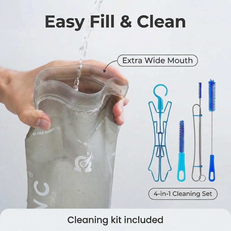 GLANC Hydration Bladder - 2L Water Bladder with Cleaning Kit for Outdoor Hiking Backpack, BPA Free Leakproof Water Reservoir for Hydration Pack, Insulated Hose & High Flow Bite Valve, Light Gray