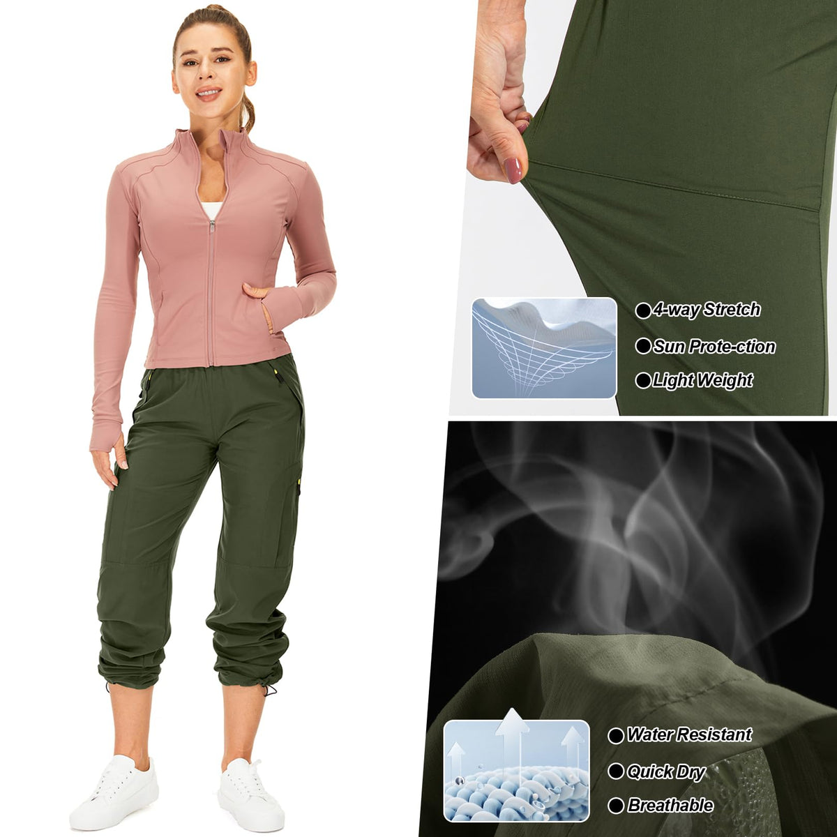 Toomett Women's Hiking Pants Safari Quick Dry UPF 50 Travel Golf Pants Lightweight Camping Work Cargo Pants Zipper Pockets,6608,Army,XL