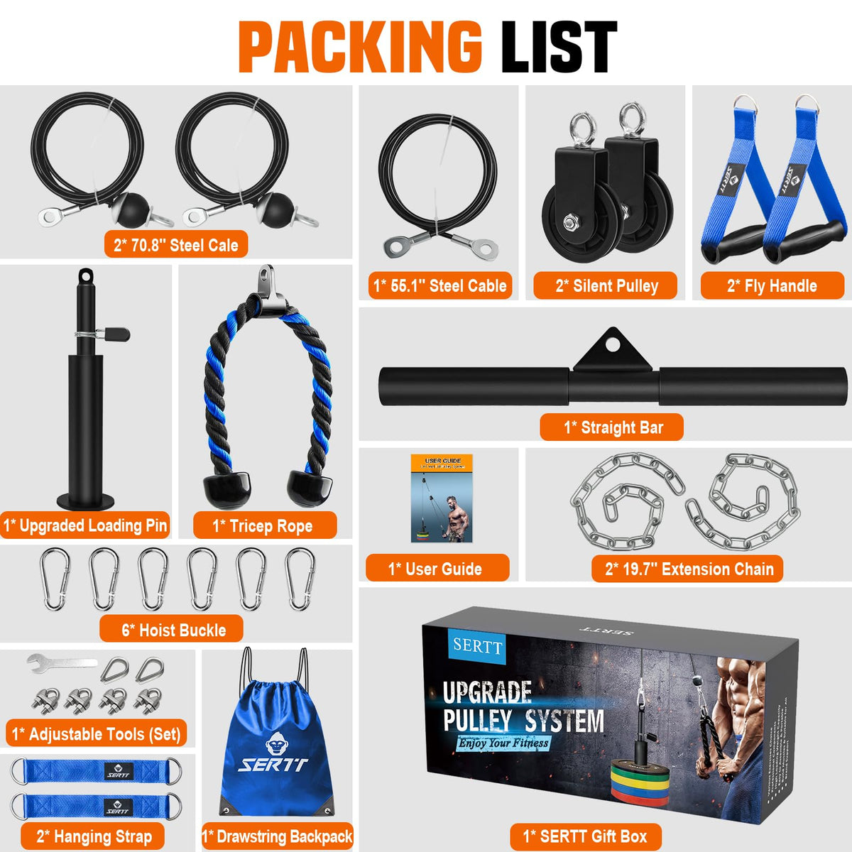 Weight Cable Pulley System Gym, SERTT Upgraded Cable Pulley Attachments for Gym LAT Pull Down, Biceps Curl, Tricep, Arm Workouts - Weight Pulley System Home Gym Add On Equipment