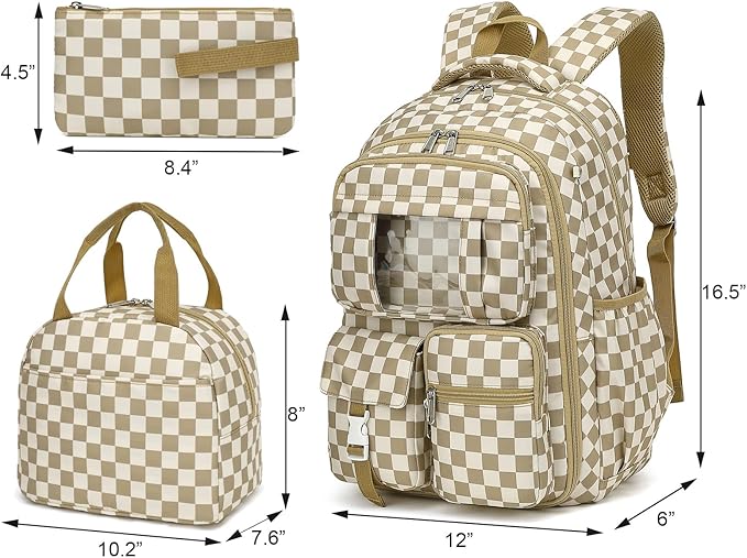 Girls School Backpack Set - Teens Kids School Bag Bookbag with Lunch Box Pencil Case for Elementary Middle School (Checkered Khaki)