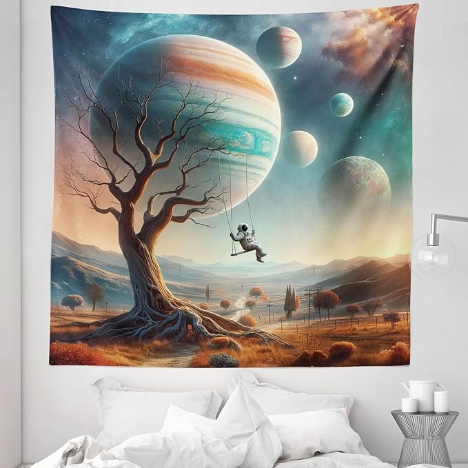 Ambesonne Space Tapestry Queen Size, Scene of a Lonely Astronaut on a Swing in an Unknown Galaxy Among Planets and Trees, Wall Hanging Bedspread Bed Cover Wall Decor, 88" X 88", Teal Ginger
