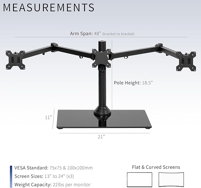 VIVO Black Triple Monitor Mount Freestanding Desk Stand with Glass Base, Heavy Duty Fully Adjustable Stand for 3 Screens up to 24 inches STAND-V003FG