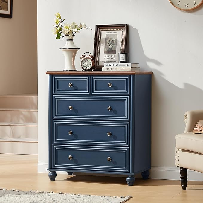 Farmhouse 5 Drawer Dresser Set of 2, Blue Rustic Chest of Drawers, 35.5" Tall Small Dressers for Bedroom with Roman Column and Metal Handles,Wood Storage Organizer for Living Room,Hallway,Closet