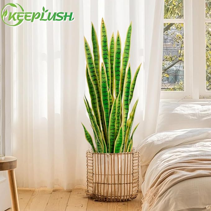 4ft Artificial Snake Plant – 46in Faux Sansevieria Plants, Fake Floor Plant for Indoor Outdoor, Front Porch Patio Home Office Decor, Mother-in-Law’s Tongue, Yellow 2Pcs