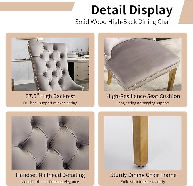 Luxury Upholstered Dining Chairs Set of 8, Grey Kitchen Chair with Golden Metal Legs, Velvet Tufted Back Dining Chair, Sillas de Comedor, Modern Kitchen & Dining Room Chairs (Gray, 8 Pcs)