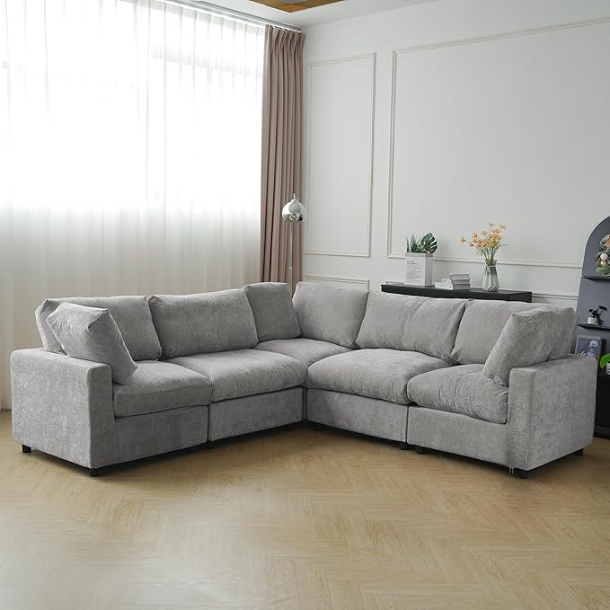 JACH V Shape Sectional Couches for Living Room, Deep Seat Convertible Modular Sofa, Cloud Sectional Couch, Sofa Covers Washable, Minimalist Couch for Living Room, Apartment, Light Grey
