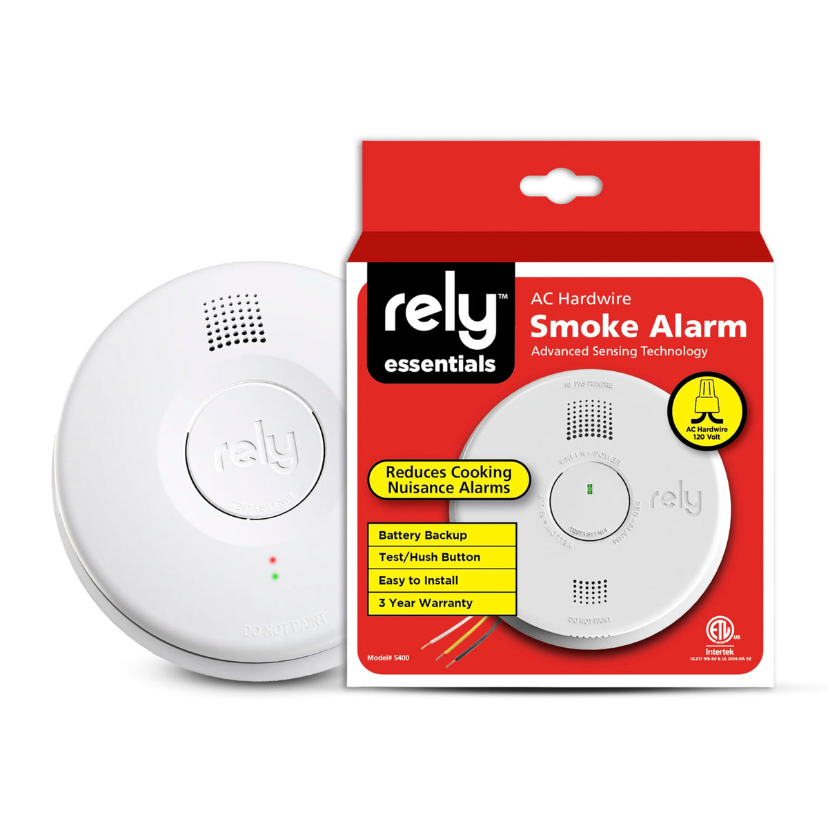 Rely Essentials 5400 Smoke Alarm – Hardwired AC Powered with Battery Backup - Photoelectric Smoke Detector - Interconnect, Easy Install – 1 Pack