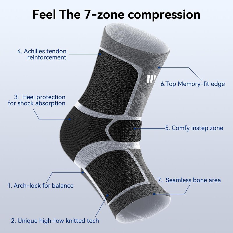 WHCOOL Flat Knitting Ankle Brace For Women&Men, 7-Zone Dynamic Compression Sleeve w/Flex Strap,Foot Support For Sports, Sprained Ankle, Achilles Tendonitis, Plantar Fasciitis Relief(Pack of1)M, Black