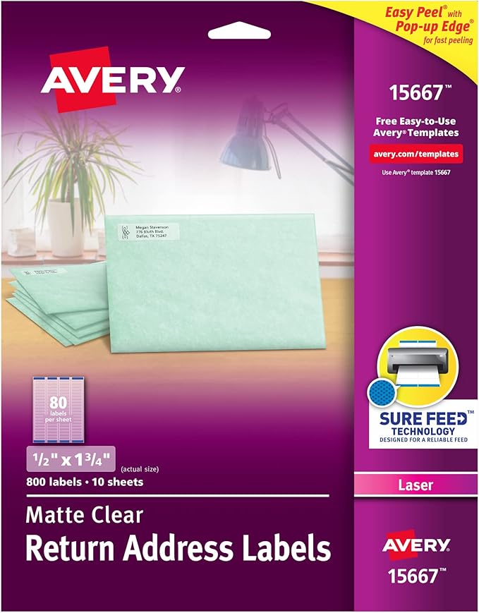 Avery Printable Return Address Labels with Sure Feed, 0.5" x 1.75", Matte Clear, 800 Blank Mailing Labels (15667)