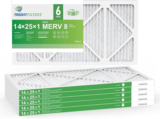 14x25x1 Air Filter 6 Pack, Durable MERV 8 Pleated Home HVAC AC Furnace Filters