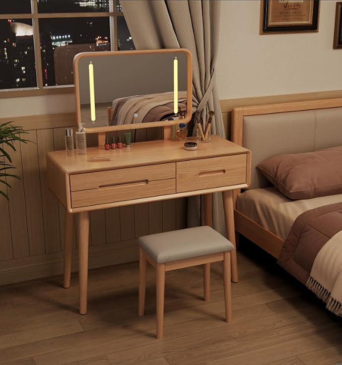Soild Wood Vanity Table 40 IN with Light Mirror High Adjustable, Make Up Desk Large Dressing Table 3 Lighting Modes, Makeup Vanity 3 Drawer Dresser Vanity Table Wooden for Checkroom Apartment Bedroom