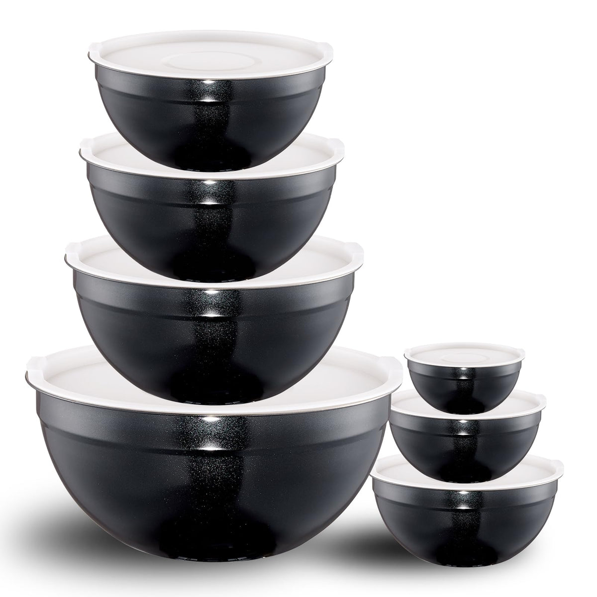 LKTDYMEG Black Mixing Bowls with Lids Set of 7, Stainless Steel Nesting Bowl with Khaki Lid for Non-slip Mixing Prepping Storing Serving, 7 Sizes-7/3.6/2.7/2.1/1.5/1/0.8 QT