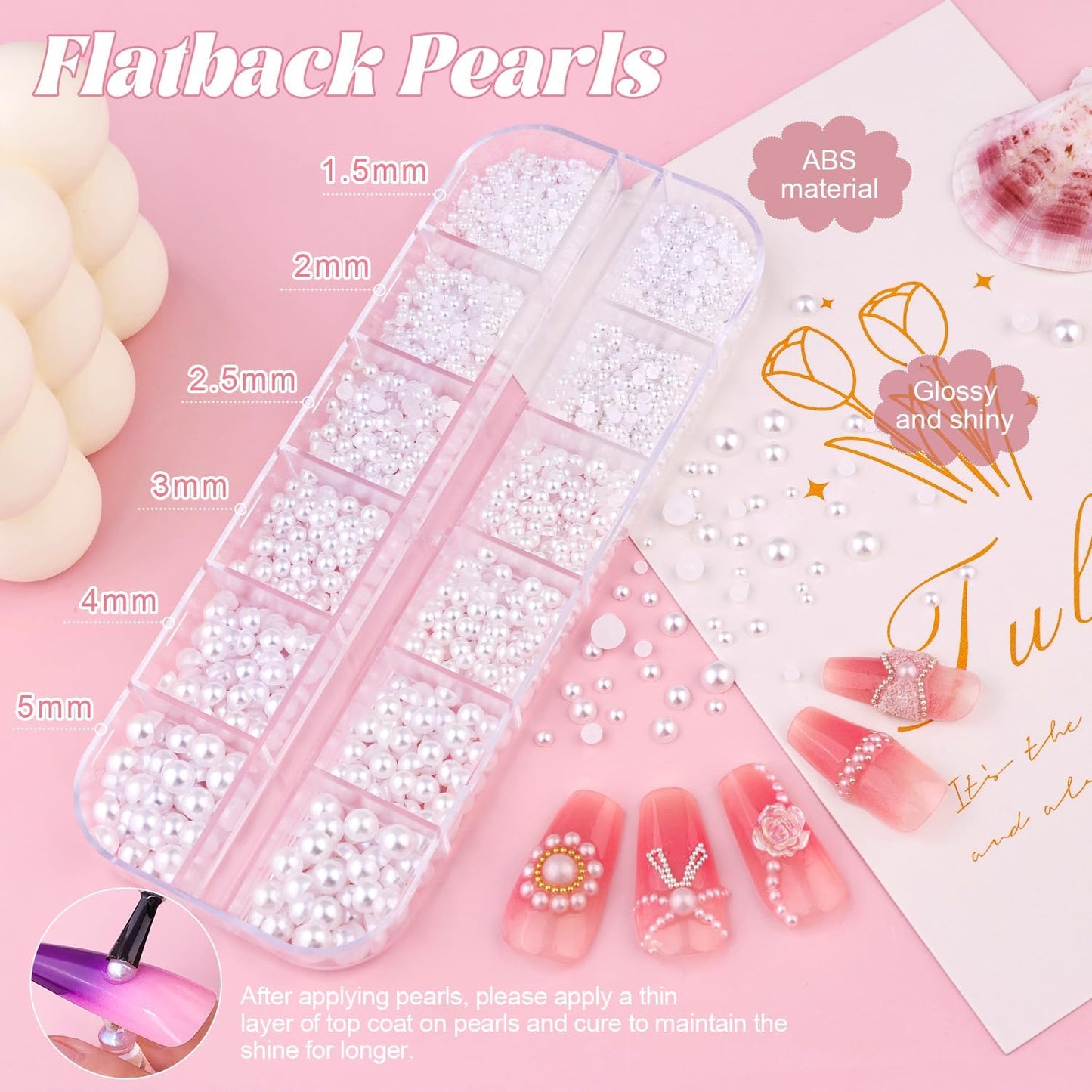 Flatback Pearls (White) and 3D Flowers for Nail Art, Pearl Nail Charms and Colorful Nail Flowers Blossom with Round Caviar Nail Beads Nail Accessories for Acrylic Nail Tips Manicure Decor