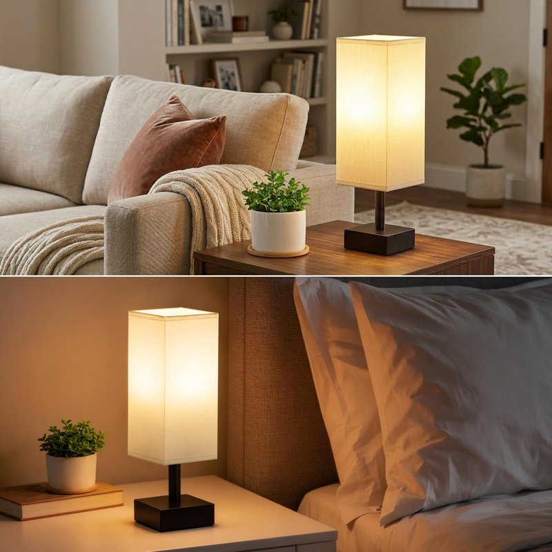 Percantis Bedside Lamp for Bedroom with White Shade, Small Lamp for Living Room,End Table, Button Switch(Bulb not Included)