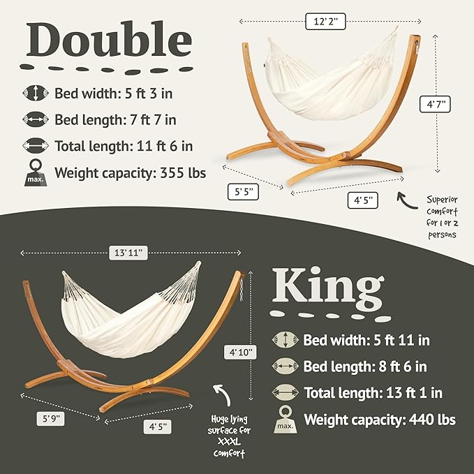 LA SIESTA® - XL King Brisa Classic Hammock & Elipso Stand - Larch Wood Hammock Stand - Weather & Tear Resistant - Backyard Outdoor Hammock with Stand - Family Hammock and Stand - Max 440 Lbs, Vanilla