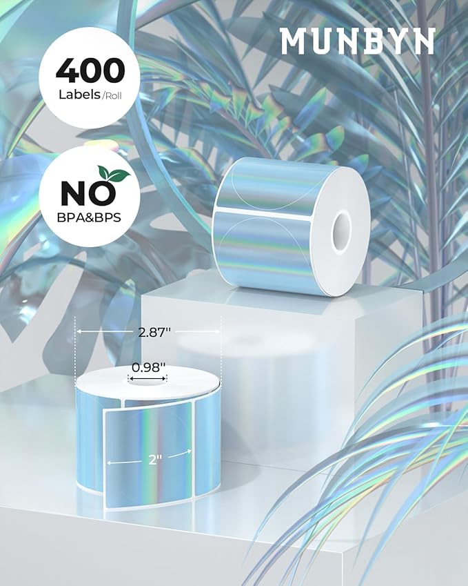 MUNBYN 2" Circle Holographic Thermal Label Stickers Blue, Round Printable Rainbow Glitter Thermal Printer Sticker Labels for Gift Wrapping, Self-Adhesive Name Price Tag DIY Custom Logo Design