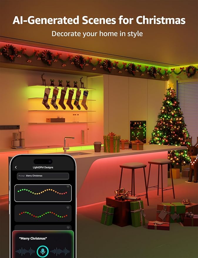 Lepro S1 AI LED Strip Lights for Christmas Decorations, 16.4ft Smart RGB Light Strips with IC and Rainbow Chasing Effects, Personalized Al Lighting Designer, No Remote, 2.4GHz Wi-Fi & Bluetooth