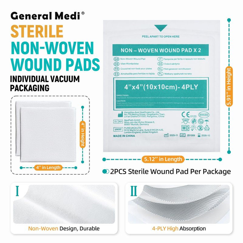 General Medi Sterile Gauze Sponges, 4" x 4" Non-Woven Wound Pads - Individually Wrapped Highly Absorbent Sponges Pads for Cushioning Minor Wounds, Cuts & Burns Wound Care (60 Packs, 120 Pieces Total)