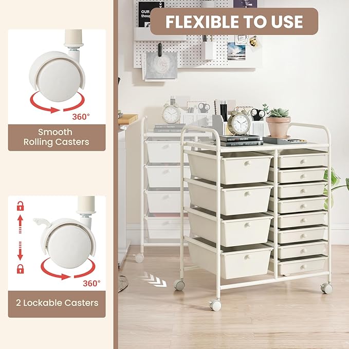 COSTWAY 12 Drawer Rolling Storage Cart, Mobile Utility Cart with Metal Frame, Art Supply Craft Organizer, Multipurpose Storage Organizer for Paper, Office, School Teacher, Classroom, White