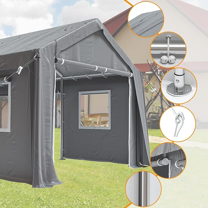 10x20ft Heavy Duty Carport Outdoor Canopy Portable Garage with 4 Doors & 4 Windows Waterproof UV Resistant Storage Shelter with Removable Sidewalls for Car Truck Boat, Gray