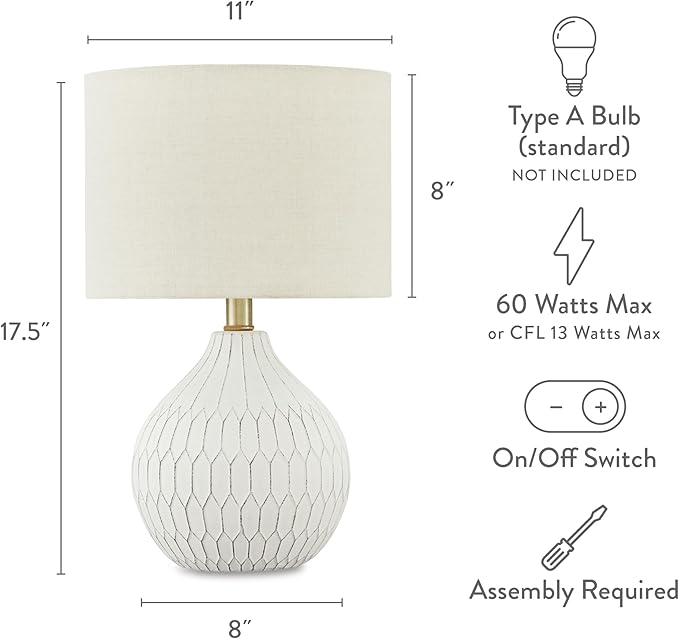 Signature Design by Ashley Wardmont Contemporary Modern Table Lamp with Drum Hardback Fabric Shade, On-Off Switch, Ceramic, 17.75" High, Antique White