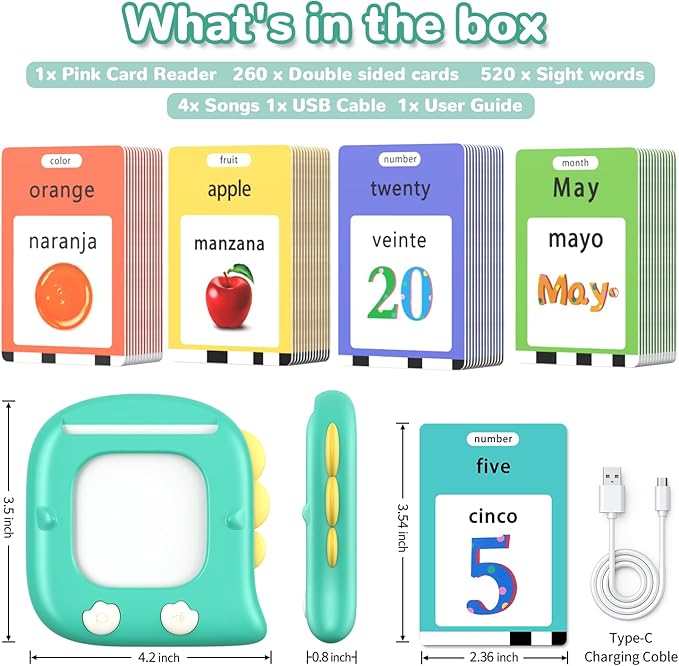 Kidzdo 520 Spanish English Talking Flashcards for Toddlers 2 3 4 5 6 Years Old, Birthday Present Easter Gift for Boys and Girls, Pocket Speech Therapy Toys Helps Language Speaking, Green